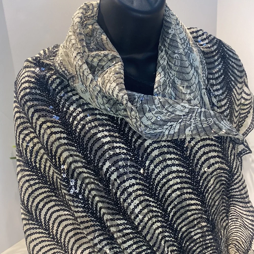 Cejon Black Sequin & Lace Evening Wrap